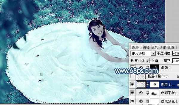 Photoshop将草地婚纱美女调制出流行的青蓝色