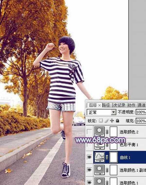 Photoshop将公路上的美女调制出清爽的紫绿色效果