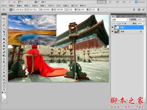 Photoshop为古建筑人物图片增加天空及美化教程