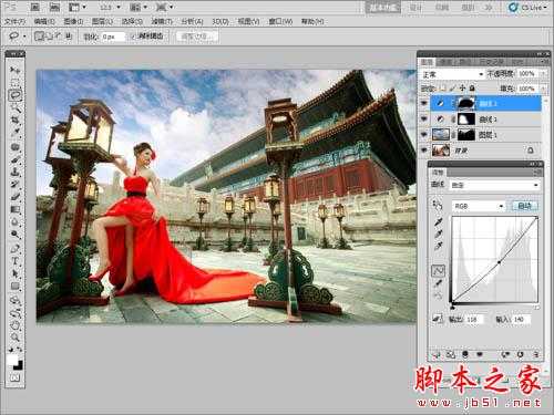 Photoshop为古建筑人物图片增加天空及美化教程