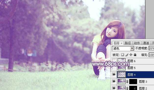 Photoshop将树林旁边草地上的美女图片增加柔和的绿紫色