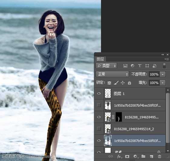 Photoshop给海边美女腿部添加豹纹图案教程