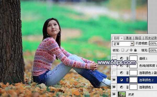 Photoshop打造甜美的青红色秋季外景美女图片